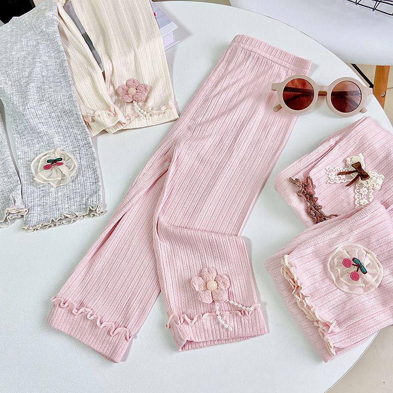 Children's seven cotton bottoms summer thin section girls lace jacquard bow Slim children's pants