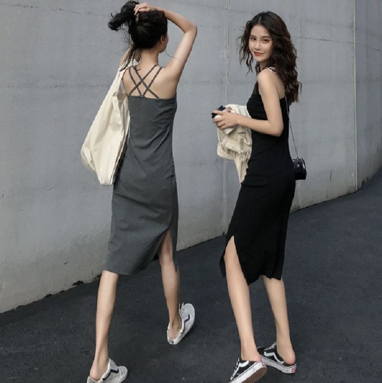 Medium-length halter dress outside wear summer 2024 new female open fork temperament thin inside bottoming skirt