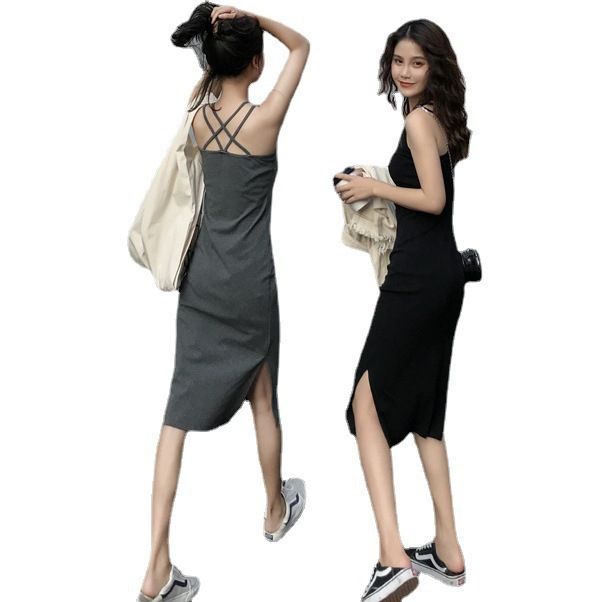 Medium-length halter dress outside wear summer 2024 new female open fork temperament thin inside bottoming skirt