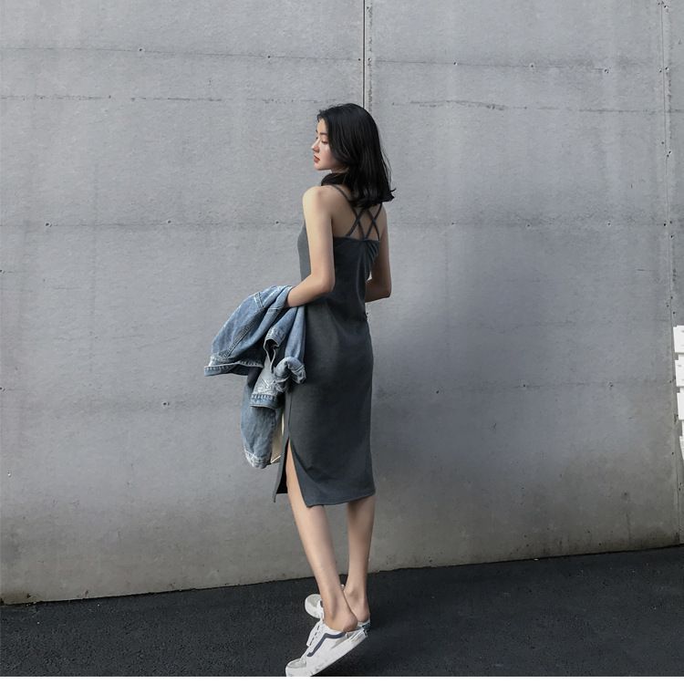 Medium-length halter dress outside wear summer 2024 new female open fork temperament thin inside bottoming skirt