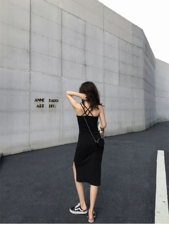 Medium-length halter dress outside wear summer 2024 new female open fork temperament thin inside bottoming skirt