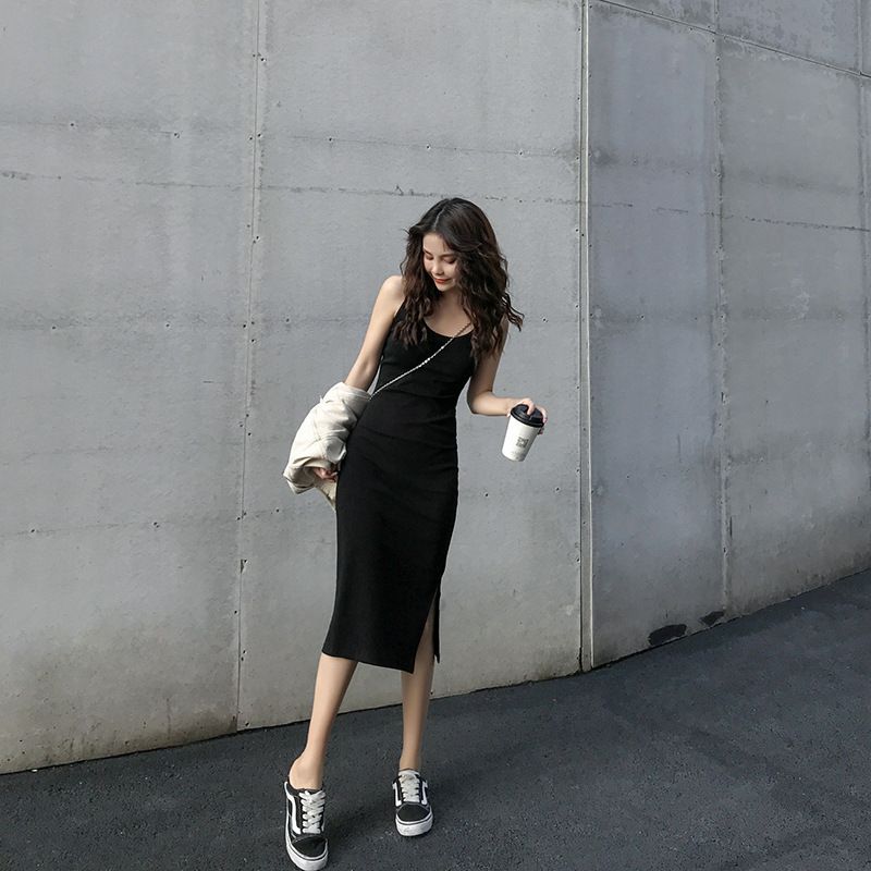 Medium-length halter dress outside wear summer 2024 new female open fork temperament thin inside bottoming skirt
