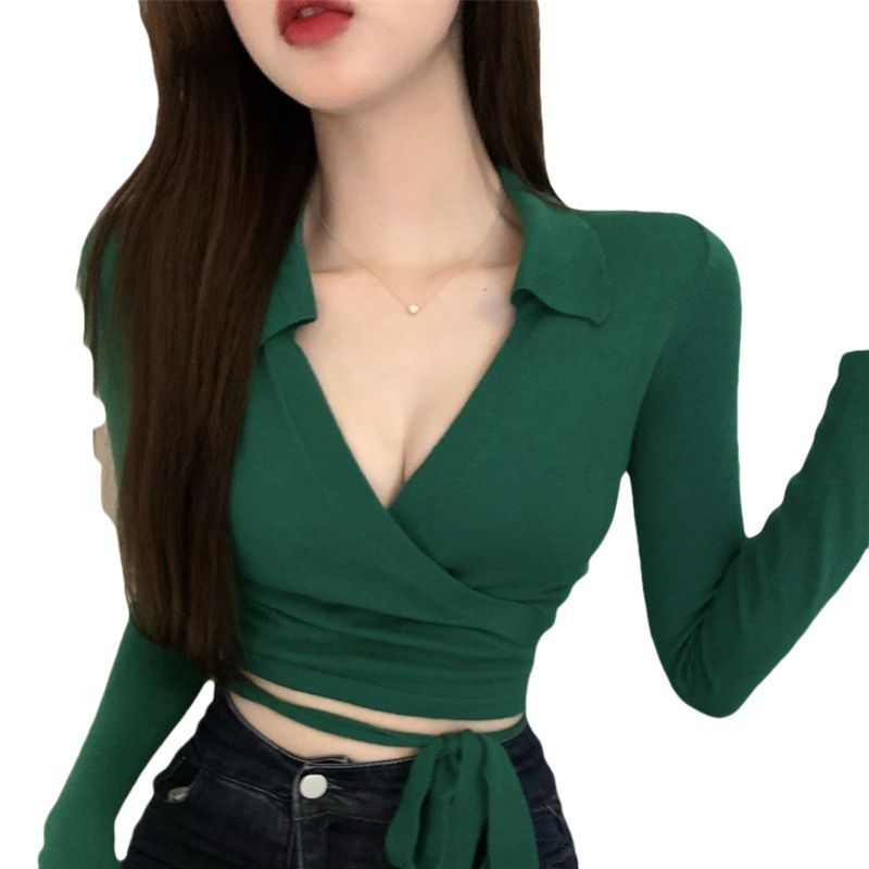 Pure desire wind sexy v-neck tie knit bottoming shirt female 2024 spring and fall chic design sense within the student tops