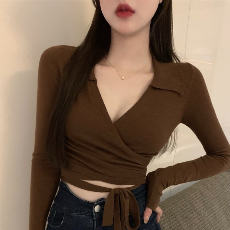 Pure desire wind sexy v-neck tie knit bottoming shirt female 2024 spring and fall chic design sense within the student tops