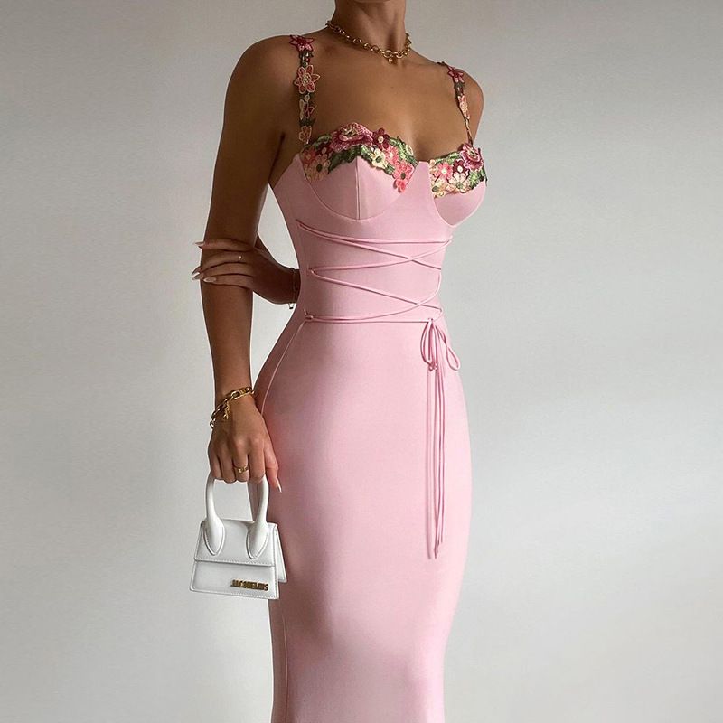 Autumn Winter Sexy Sleeveless Backless Floral Maxi Long Dresses Outfits for Women Lace Up Bandage Bodycon Party Club Dress Gift