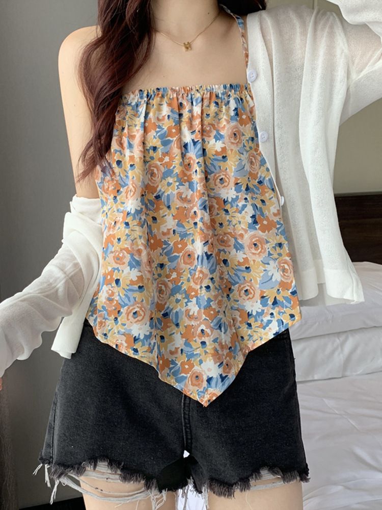 Floral hanging neck small camisole undershirt female inner summer 2024 new loose design sense niche outside wear top tide