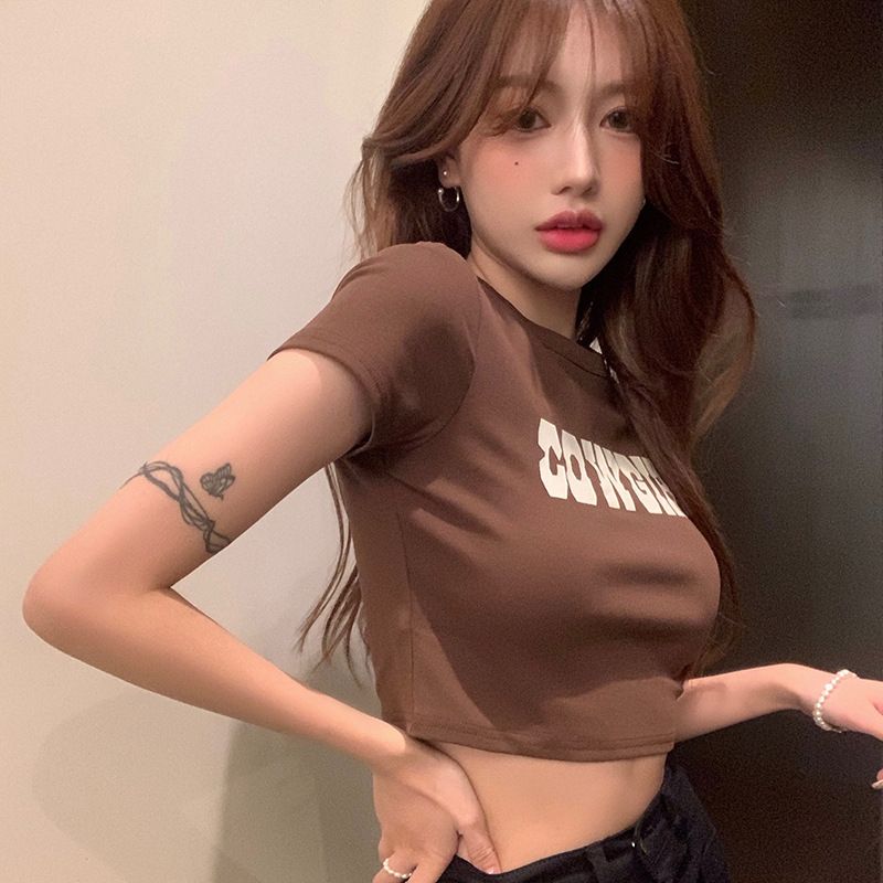 1pcs retro Spice Girls short-sleeved t-shirt women 2024 summer Slim thin high-waisted exposed navel short top ins tide