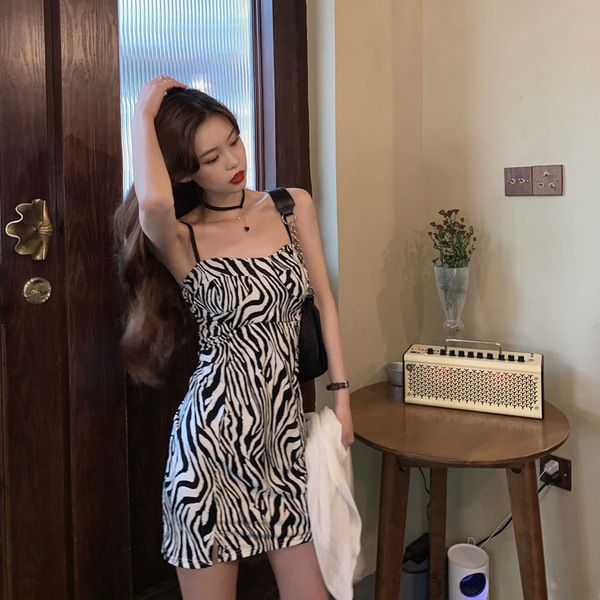 2024 new thin dress female fall super-hot zebra grain sexy halter dress foreign-style ageing big yards skirt