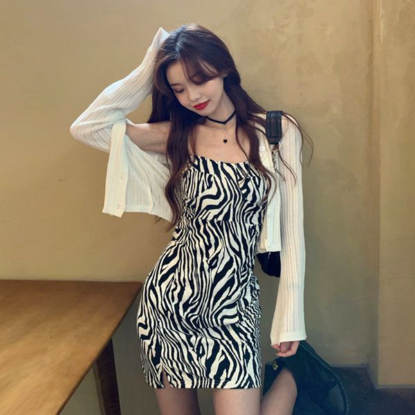 2024 new thin dress female fall super-hot zebra grain sexy halter dress foreign-style ageing big yards skirt