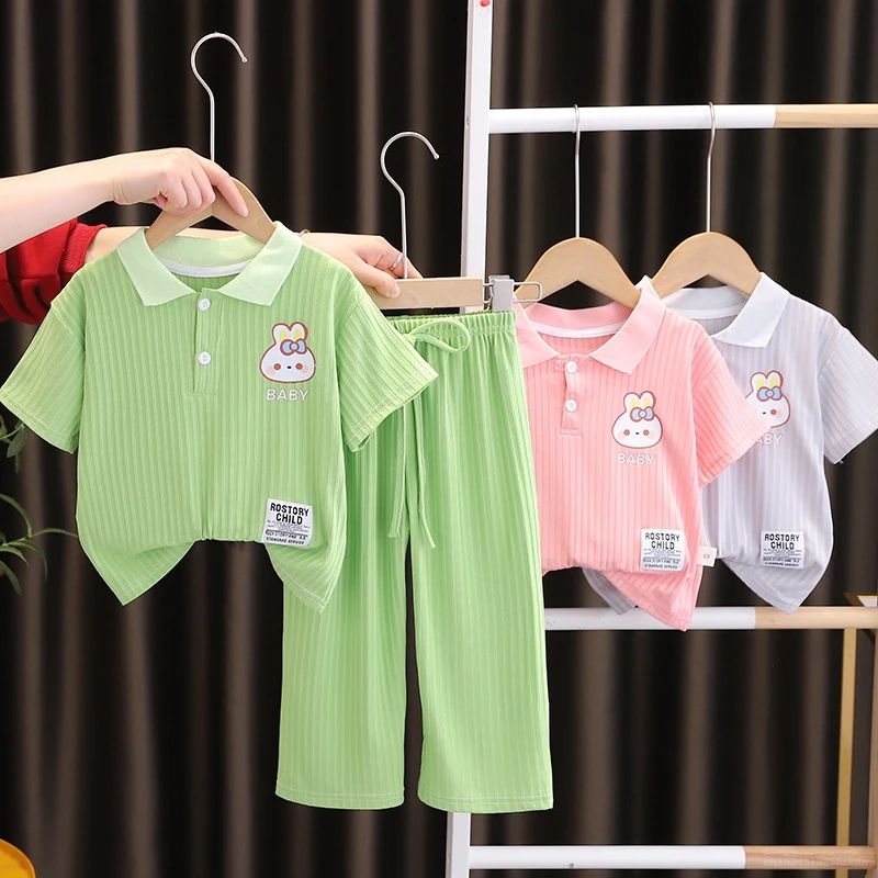 Summer Baby Girls Clothes Set Children Lapel Ice Silk Tshirts and Pants 2 Pieces Suit Kid Casual Top Bottom Outfit Tracksuit