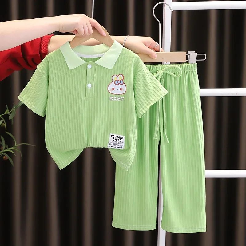 Summer Baby Girls Clothes Set Children Lapel Ice Silk Tshirts and Pants 2 Pieces Suit Kid Casual Top Bottom Outfit Tracksuit