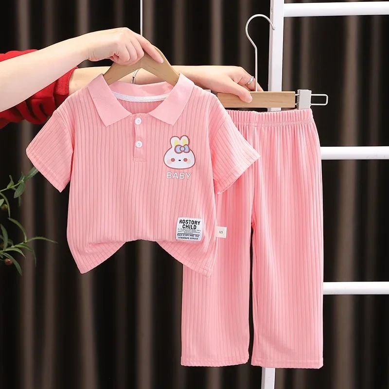 Summer Baby Girls Clothes Set Children Lapel Ice Silk Tshirts and Pants 2 Pieces Suit Kid Casual Top Bottom Outfit Tracksuit