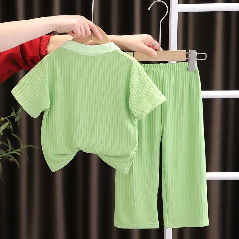 Summer Baby Girls Clothes Set Children Lapel Ice Silk Tshirts and Pants 2 Pieces Suit Kid Casual Top Bottom Outfit Tracksuit