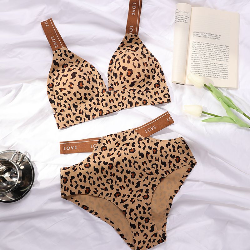 Lingerie Panty set Sexy Letter straps Comfortable Ice Silk seamless leopard print Seductive bra for women