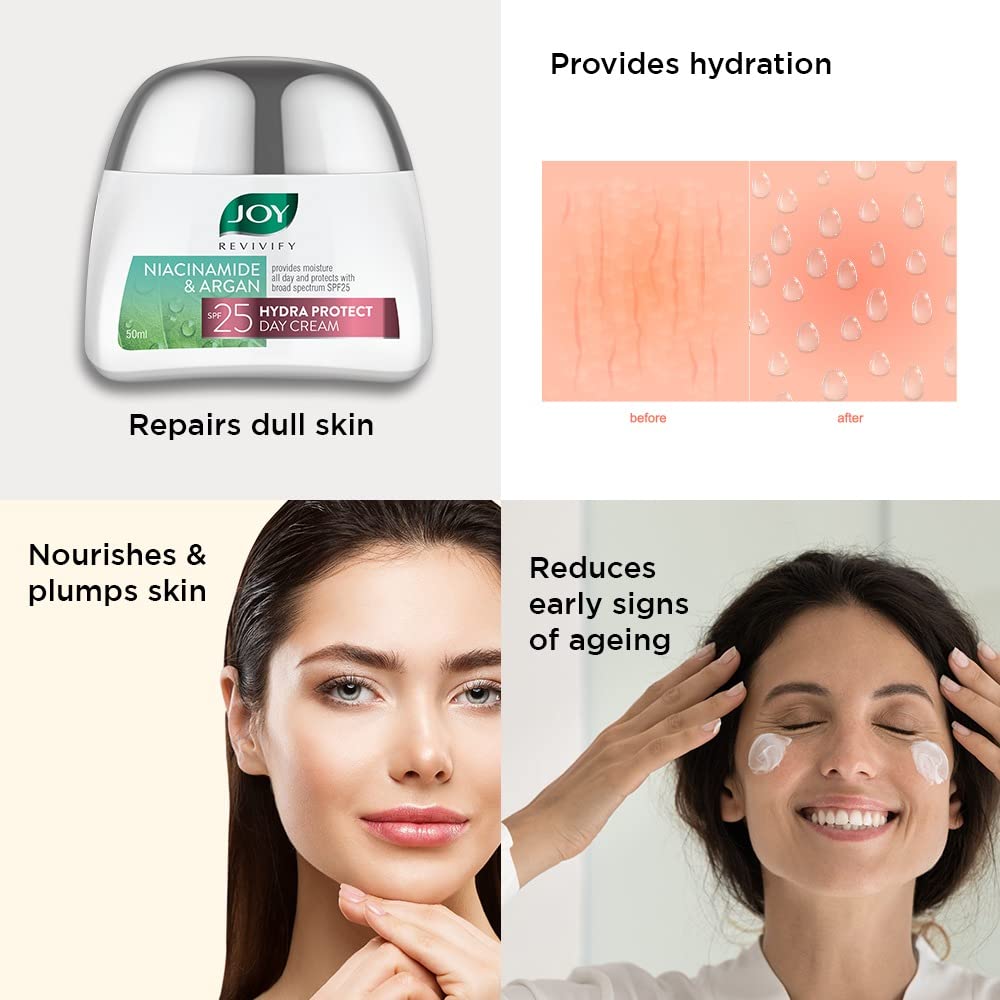 Joy Revivify SUNFLOWER Seed Oil, NIACINAMIDE & ARGAN Oil Face Cream. Anti-Aging, Moisturizes, Fades dark Spots, Smooths, Glows, Brightens, Has Sunscreen, Soothes, Removes dead skin cells & Evens