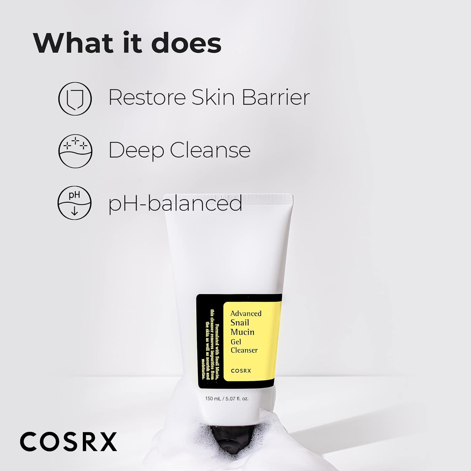 Cosrx Snail Mucin Gel Cleanser. Removes impurities, Acne, Restore skin barrier, Moisturizes, Nourishes, Smooths, Cleanses, Protect the skin, Evens, Glows, Reduces redness & Irritations
