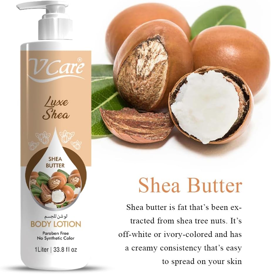 V Care Luxe Shea SHEA BUTTER Body Lotion. Deeply Moisturizes, Hydrates, Brightens, Nourishes, Revitalizes, makes skin Soft & Supple, Improve Elasticity, Glows, Shines, Evens, Unifies & Beautifies.