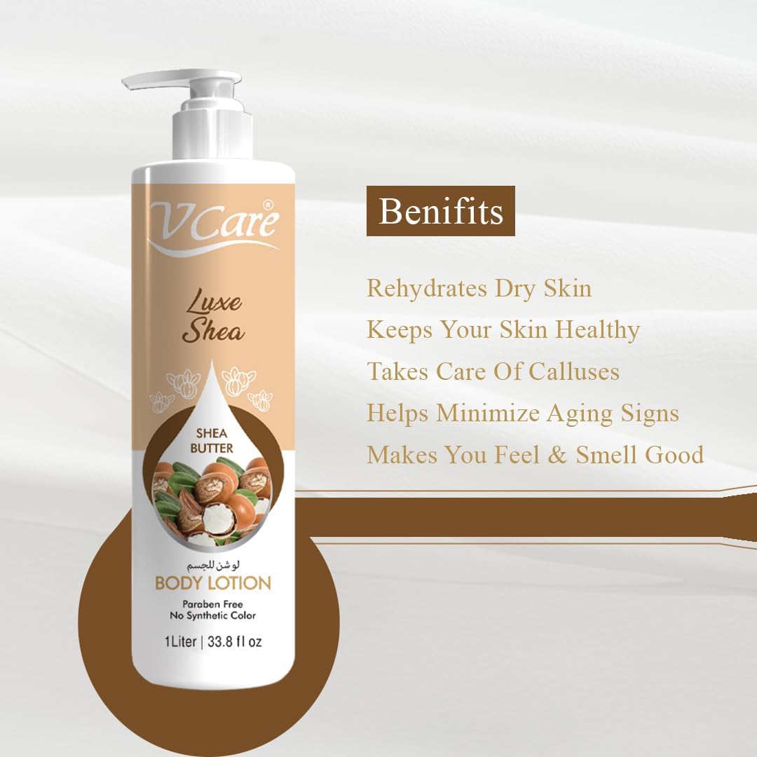 V Care Luxe Shea SHEA BUTTER Body Lotion. Deeply Moisturizes, Hydrates, Brightens, Nourishes, Revitalizes, makes skin Soft & Supple, Improve Elasticity, Glows, Shines, Evens, Unifies & Beautifies.