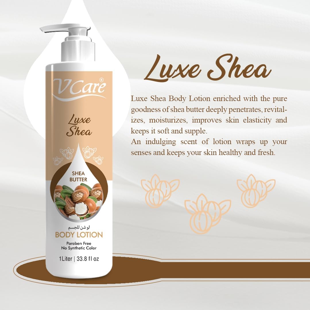 V Care Luxe Shea SHEA BUTTER Body Lotion. Deeply Moisturizes, Hydrates, Brightens, Nourishes, Revitalizes, makes skin Soft & Supple, Improve Elasticity, Glows, Shines, Evens, Unifies & Beautifies.