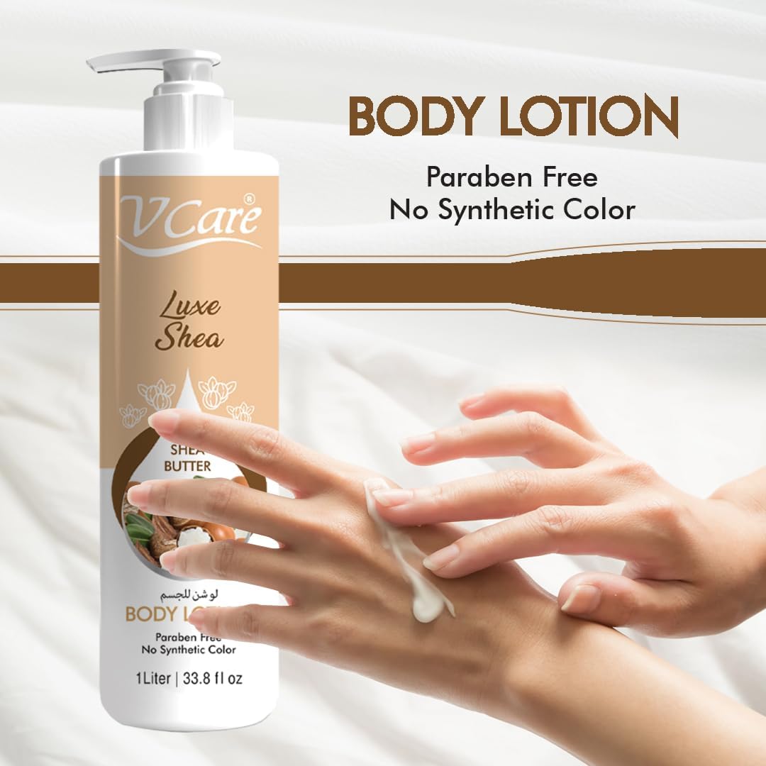 V Care Luxe Shea SHEA BUTTER Body Lotion. Deeply Moisturizes, Hydrates, Brightens, Nourishes, Revitalizes, makes skin Soft & Supple, Improve Elasticity, Glows, Shines, Evens, Unifies & Beautifies.