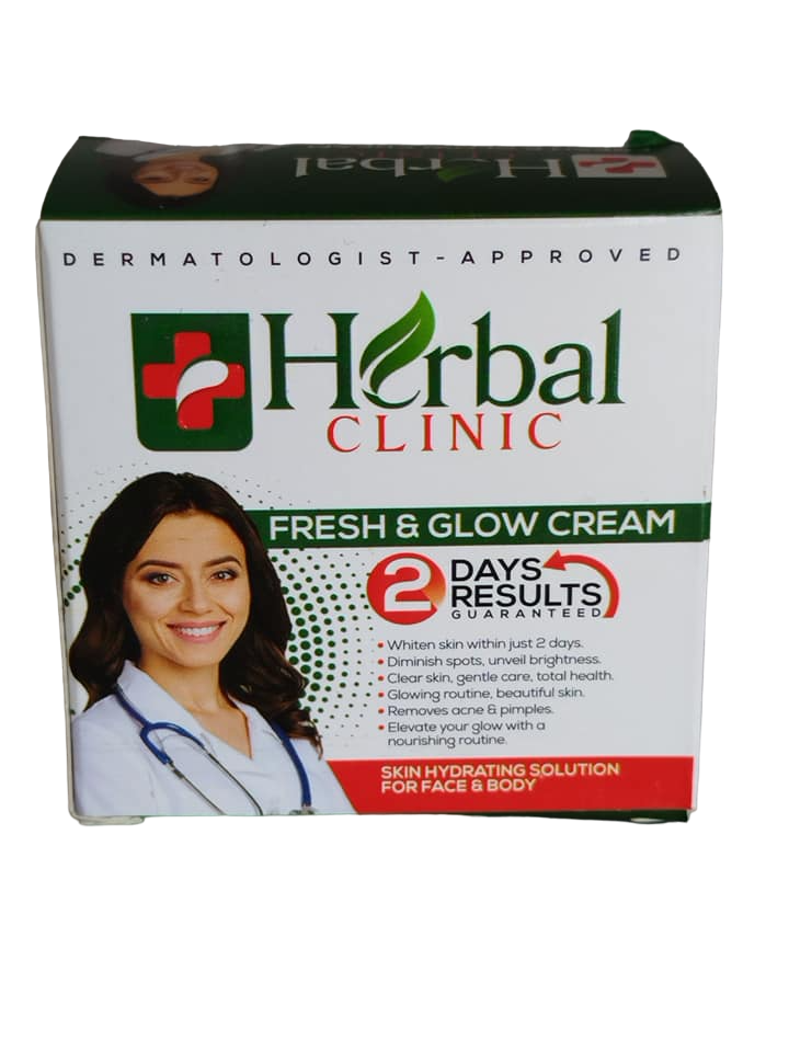Herbal Clinic Fresh and Glow Face Cream. Removes Pimples, Acne, Glows, Diminish Spots, Brightens, Clears the skin, Whitens Dark Knee, Under arms & Dark Knuckles within 2 days, Hydrates & Moisturizes