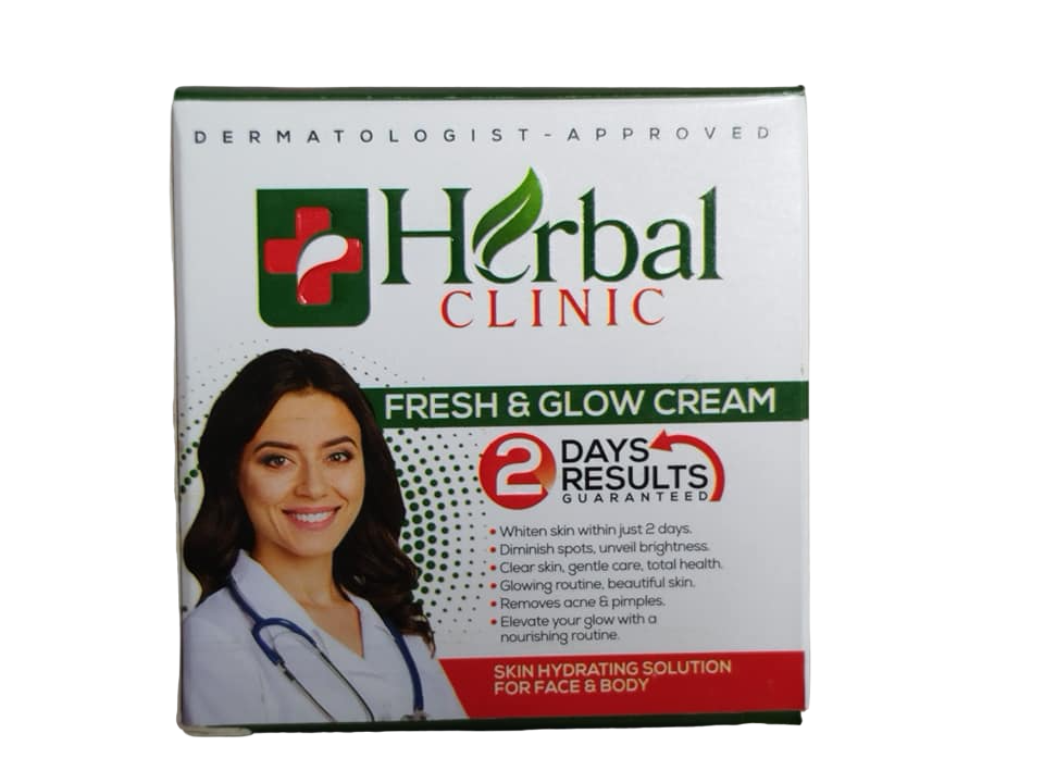 Herbal Clinic Fresh and Glow Face Cream. Removes Pimples, Acne, Glows, Diminish Spots, Brightens, Clears the skin, Whitens Dark Knee, Under arms & Dark Knuckles within 2 days, Hydrates & Moisturizes