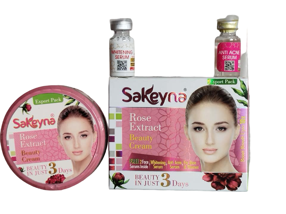 Sakeyna Rose Beauty Face CREAM + Anti-ACNE Serum + Whitening Serum. Removes Acne, Dark Spots, Freckles, Blemishes, Protects from UV-Rays, Makes skin young, Youthful, Fair, Glows and Whitens Black Spot