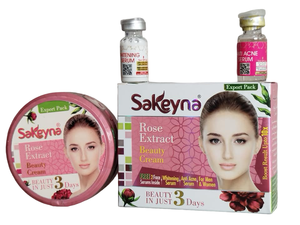 Sakeyna Rose Beauty Face CREAM + Anti-ACNE Serum + Whitening Serum. Removes Acne, Dark Spots, Freckles, Blemishes, Protects from UV-Rays, Makes skin young, Youthful, Fair, Glows and Whitens Black Spot