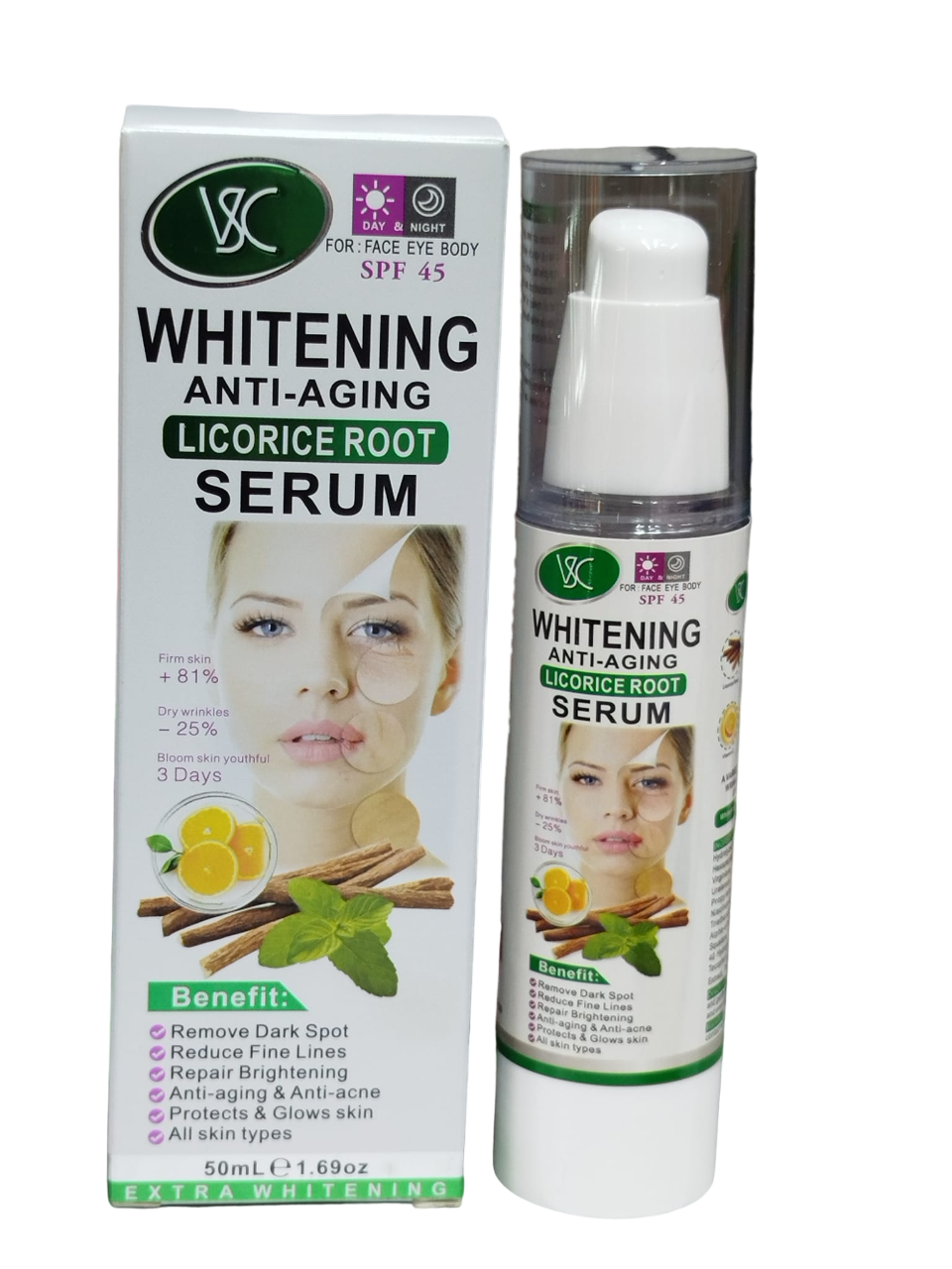 V&C  Licorice  & Vitamin C ANTI-AGING  Face, Eye & Body Serum. Removes Dark Spots, Reduce fine lines, Repairs, Brightens, Treats Acne, Glows, Improve dull skin, & Prevent UV-Rays Damage.