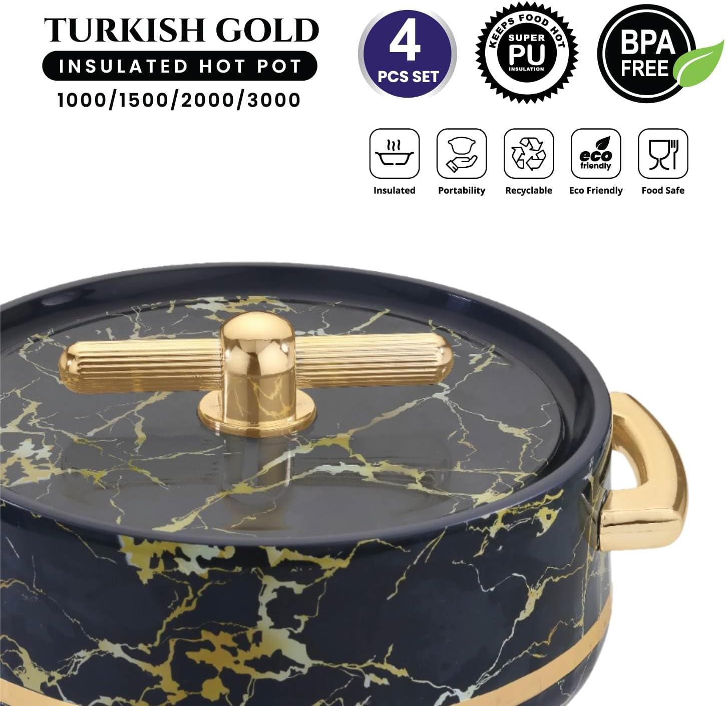 TURKISH INSULATED HOTPOTS CASSEROLE WITH LID FOOD STORAGE CONTAINER  - SET OF 4 (1000/1500/2000/3000 ML)