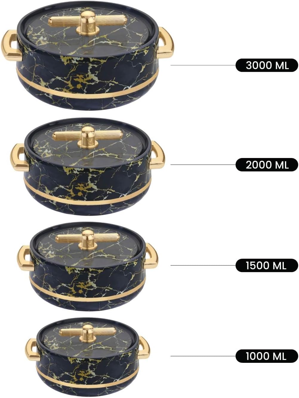 TURKISH INSULATED HOTPOTS CASSEROLE WITH LID FOOD STORAGE CONTAINER  - SET OF 4 (1000/1500/2000/3000 ML)
