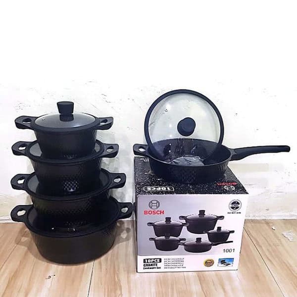 bosch granite cookware set 11pcs with silicon covers Non stick granite bosch with glass lids  abd a wooden spoon