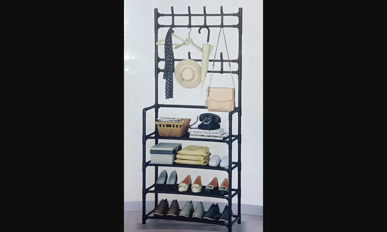 Multifunctional 5 Tier/ layers Shoe Rack Organizer + Simple Floor Coat Hat Rack with 8 hooks Colour available :White and Black