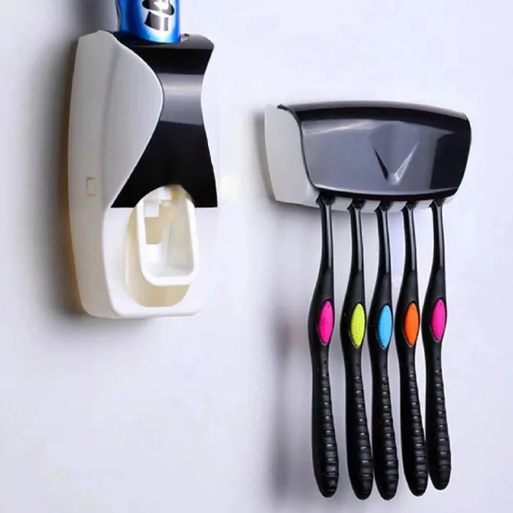 Automatic Toothpaste Dispenser Wall Mount Dust-proof Toothbrush Holder Wall Mount Bathroom Accessories Set Squeezer