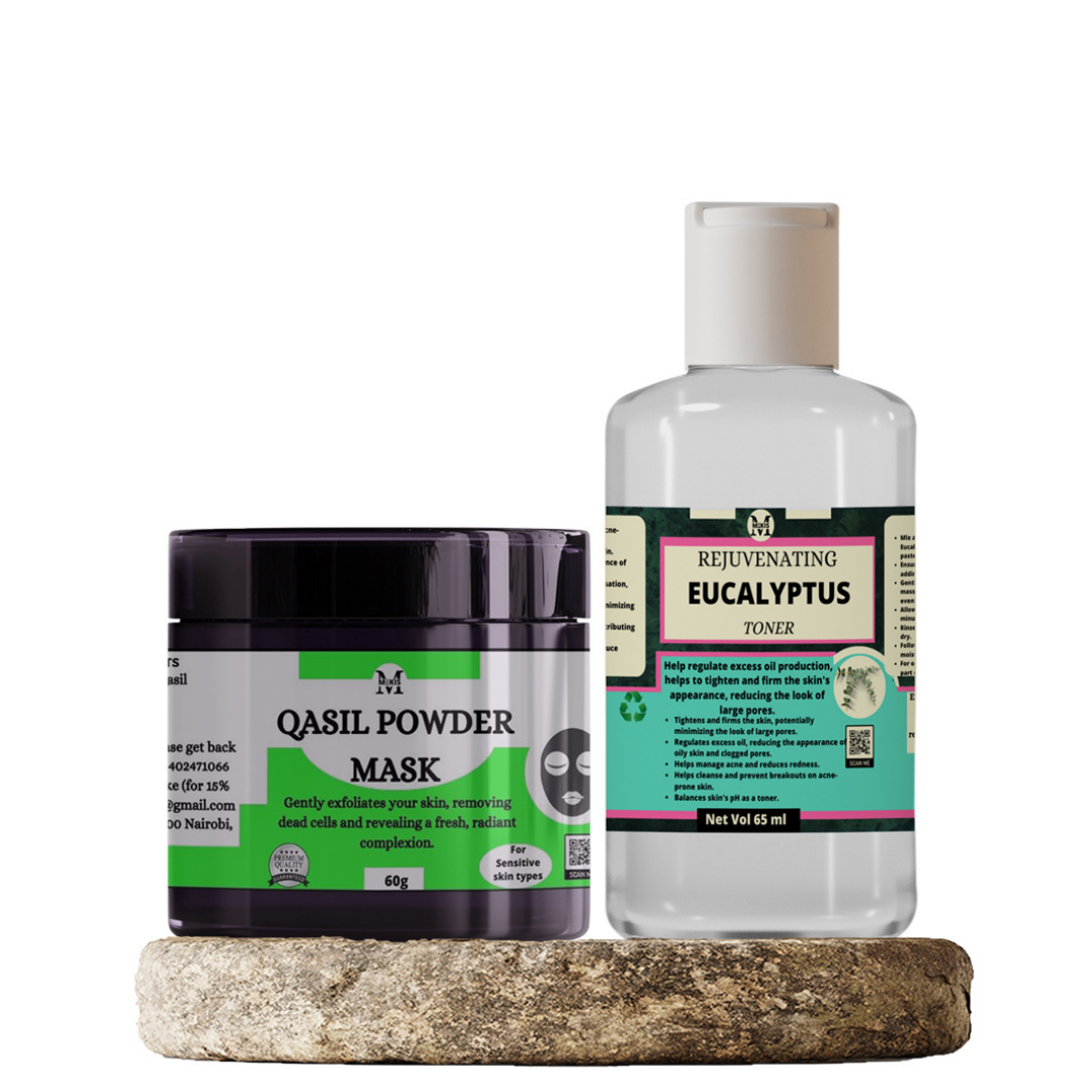 Qasil Powder and Eucalyptus Toner - Gentle Exfoliation,Balancing Oil production,Fade Blemishes,Boost Radiance.Tighten Pores