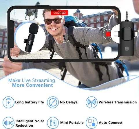 Wireless Lavalier Microphone, 3-in-1 Plug-Play Lapel Microphone for iPhone, iPad, Android, Noise Reduction, Long Battery Life, 20 Meters Barrier-free Connection