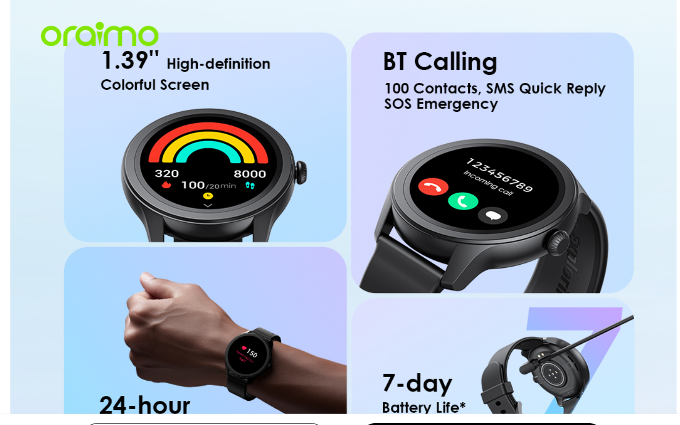 oraimo Watch 2R 1.39" TFT IP68 BT Calling S24-hour Health Monitoring  Water Resistance Smart Watch