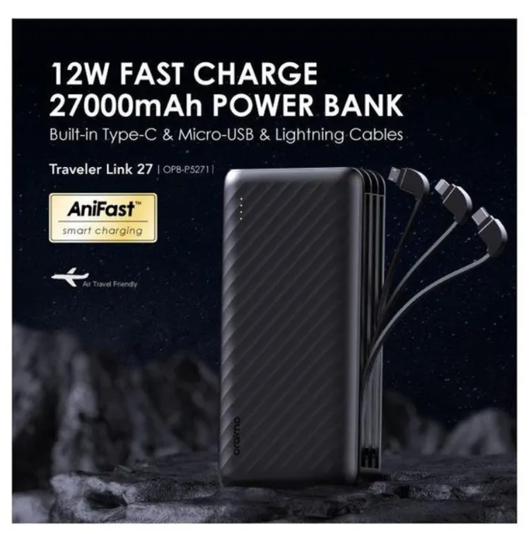 oraimo Traveler Link 27 27000mAh 12W Power Bank with 3 Built-in Charging Cables & 2.4A Max Fast Charging
