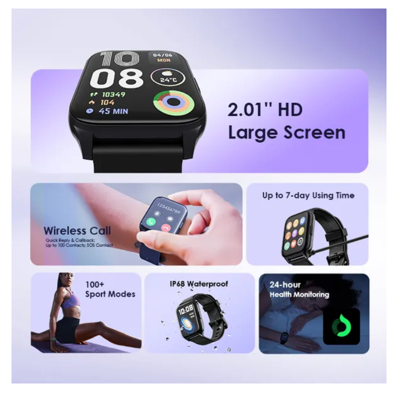 oraimo Watch 4 Plus 2.01″ HD IP68 Smart Watch with Bluetooth Call, 7 Days Battery Life, 100+ Sports Modes and 24-hour Health Monitoring