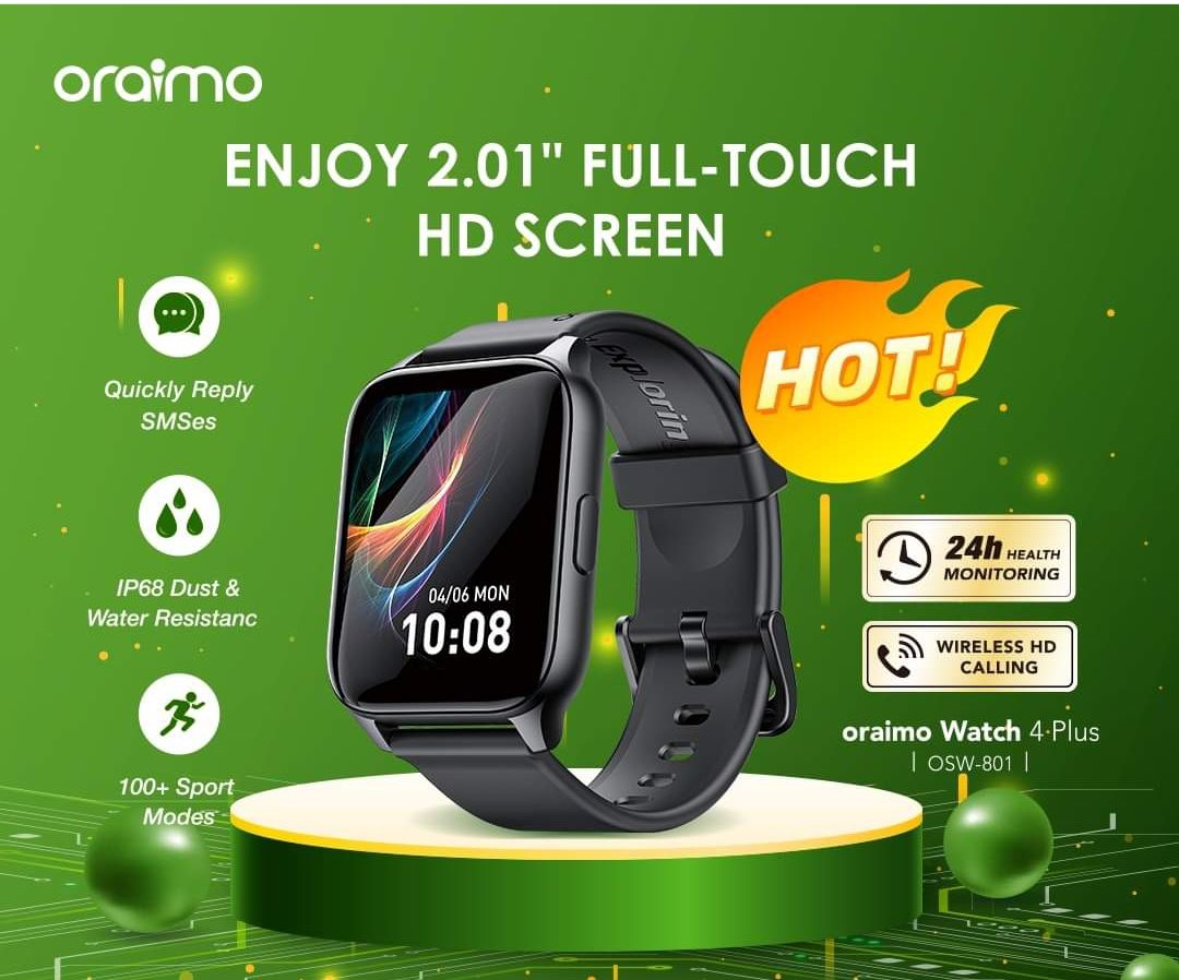 oraimo Watch 4 Plus 2.01″ HD IP68 Smart Watch with Bluetooth Call, 7 Days Battery Life, 100+ Sports Modes and 24-hour Health Monitoring