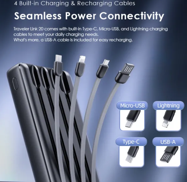 Oraimo Traveler Link 20 20000mAh 12W Power Bank  4 Built-in Charging & Recharging Cables 3 Input Ports