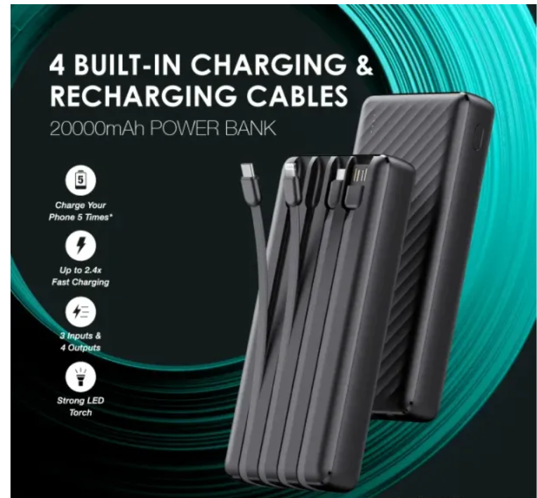 Oraimo Traveler Link 20 20000mAh 12W Power Bank  4 Built-in Charging & Recharging Cables 3 Input Ports