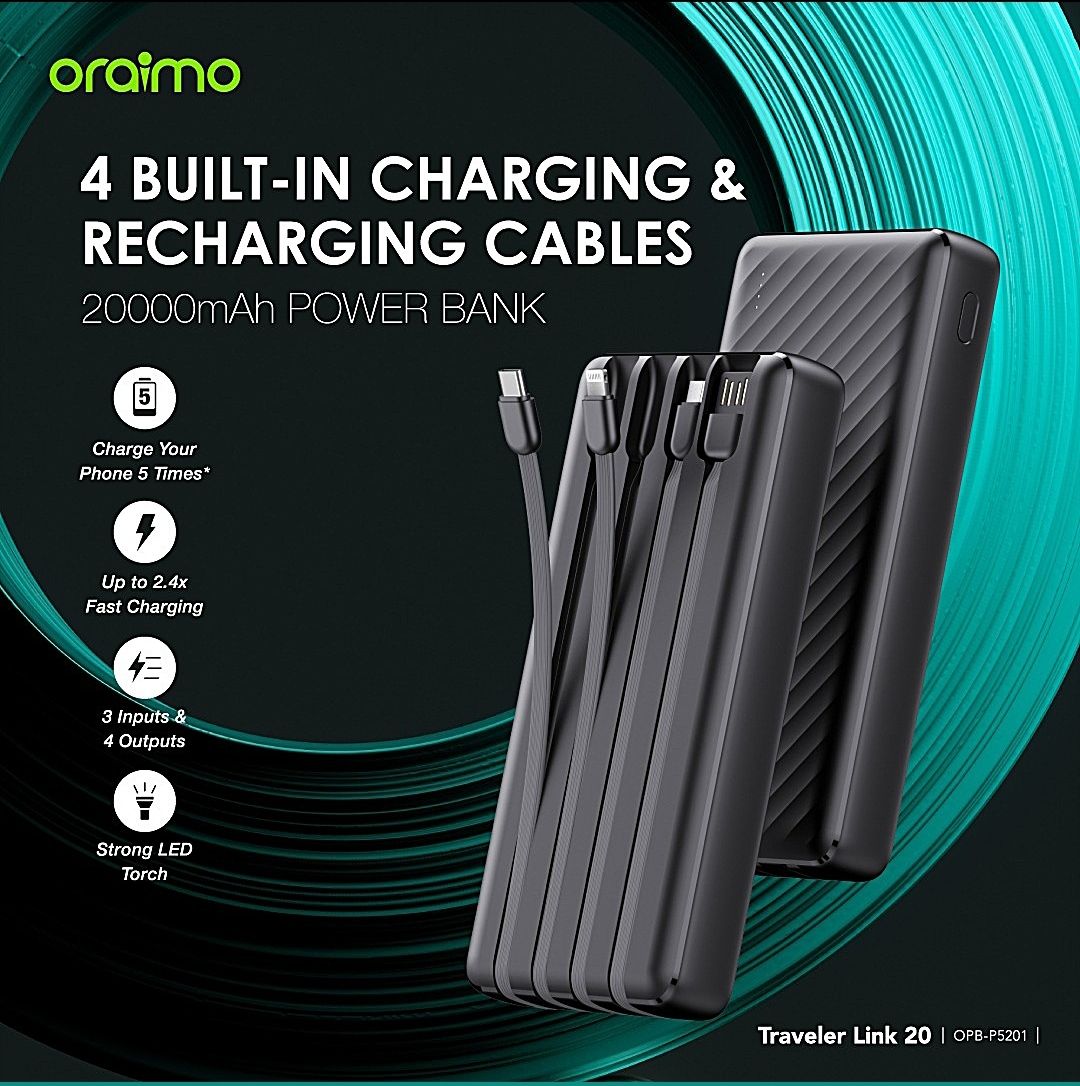 Oraimo Traveler Link 20 20000mAh 12W Power Bank  4 Built-in Charging & Recharging Cables 3 Input Ports