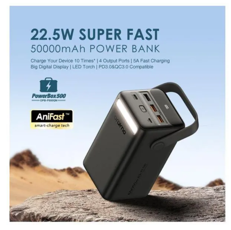 oraimo PowerBox 500 50000mAh 22.5W Power Bank with 4 Outputs and 2 Inputs  &Three-mode Adjustable LED Lights ( torch)