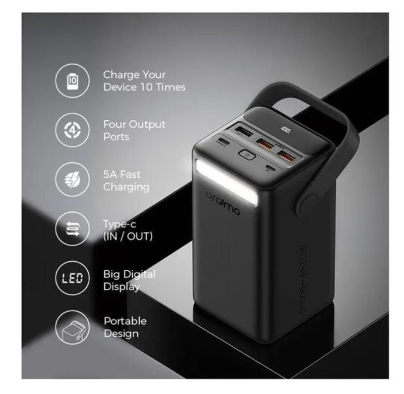 oraimo PowerBox 500 50000mAh 22.5W Power Bank with 4 Outputs and 2 Inputs  &Three-mode Adjustable LED Lights ( torch)
