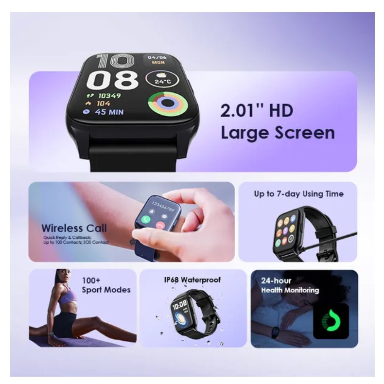 oraimo Watch 4 Plus 2.01″ HD IP68 Smart Watch  Bluetooth Call  7 Days Battery Life Quick Reply SMSes
