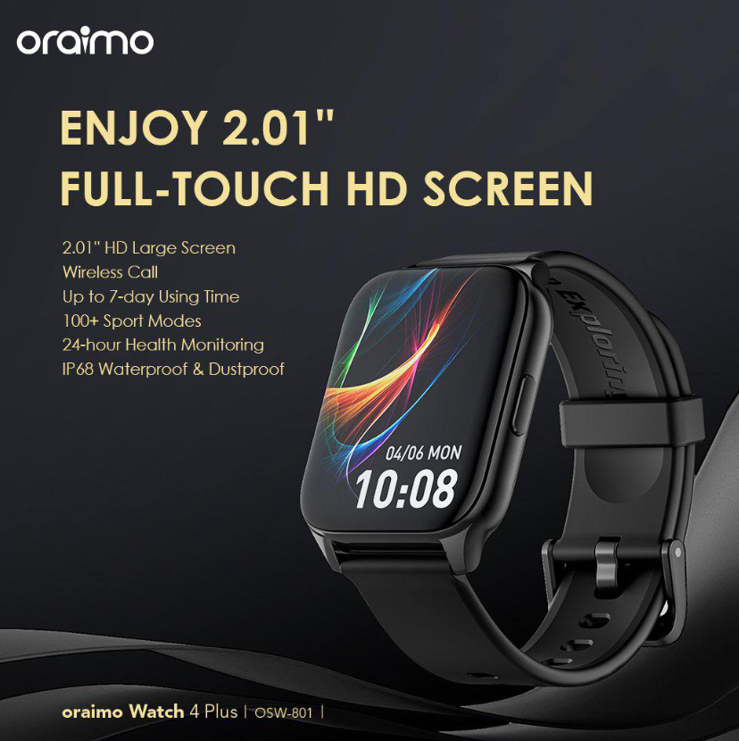 oraimo Watch 4 Plus 2.01″ HD IP68 Smart Watch  Bluetooth Call  7 Days Battery Life Quick Reply SMSes