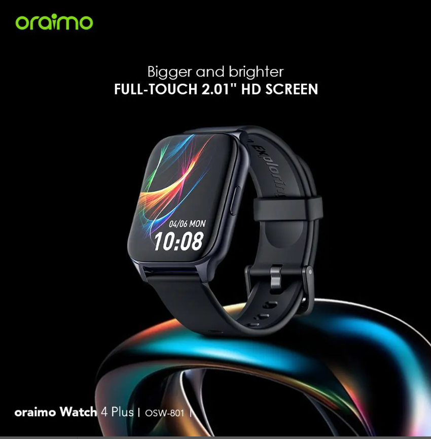 oraimo Watch 4 Plus 2.01″ HD IP68 Smart Watch  Bluetooth Call  7 Days Battery Life Quick Reply SMSes
