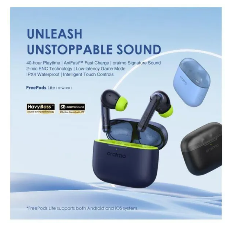 oraimo FreePods Lite ENC True Wireless sports Earbuds with  40-Hr-Long Playtime & HD Voice in Calls & IPX4 waterproof, Bluetooth earphones