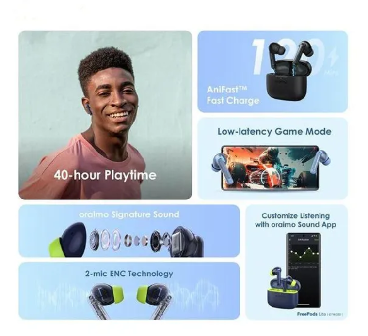 oraimo FreePods Lite ENC True Wireless sports Earbuds with  40-Hr-Long Playtime & HD Voice in Calls & IPX4 waterproof, Bluetooth earphones